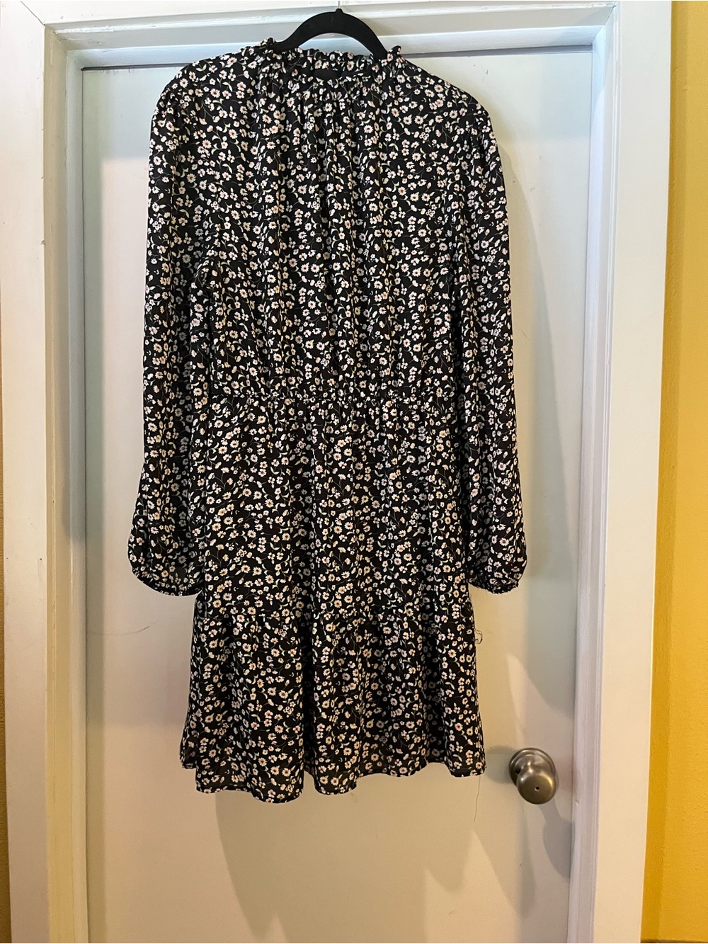 Black Long-Sleeve Floral Tiered Mini Dress